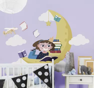 Vinilo pared infantil niña leyendo bajo la luna - TenVinilo