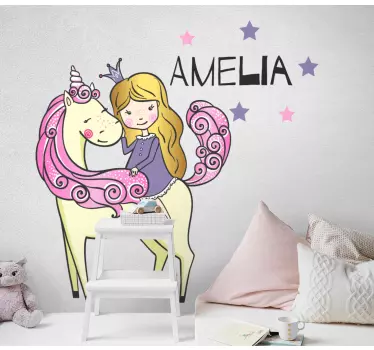 Vinilo pared infantil niña y unicornio - TenVinilo