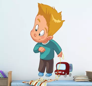 Vinilo pared infantil niño juguetón tirando de juguete - TenVinilo