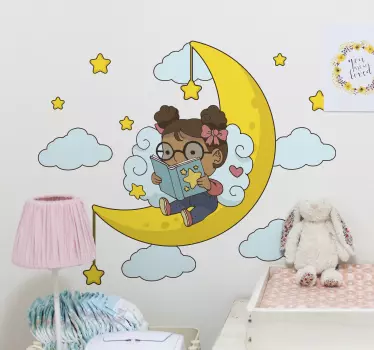 Vinilo pared infantil niño leyendo en la luna - TenVinilo