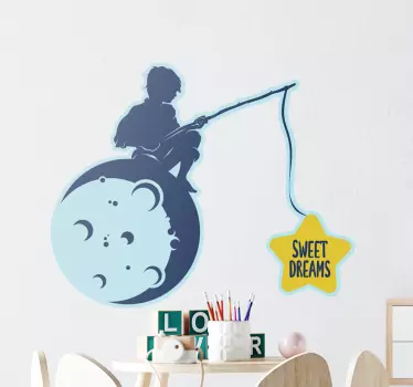 Vinilo pared infantil niño pescando en la luna - TenVinilo