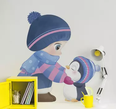 Vinilo pared infantil niño y pingüino - TenVinilo