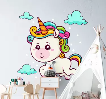 Vinilo pared infantil nubes de unicornio juguetonas - TenVinilo