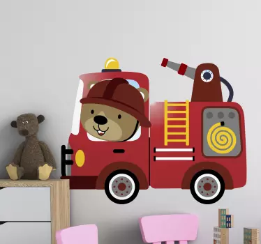 Vinilo pared infantil osito lindo camión de bomberos - TenVinilo