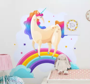 Vinilo pared infantil paisaje de sueños arcoíris unicornio - TenVinilo
