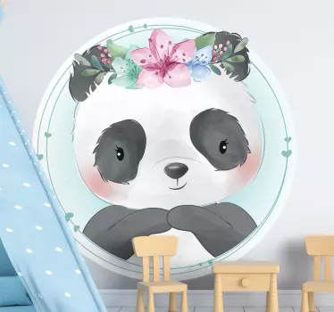 Vinilo pared infantil panda diseño floral - TenVinilo
