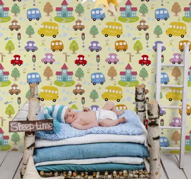 Vinilo pared infantil patrón de vehículo caprichoso - TenVinilo