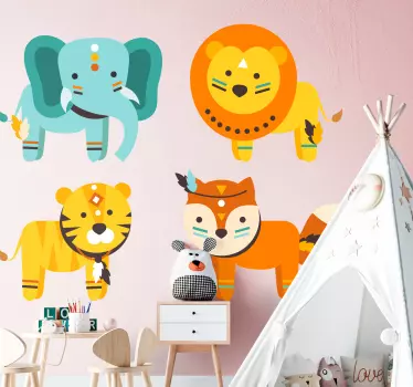 Vinilo pared infantil personajes animales étnicos - TenVinilo