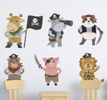 Vinilo pared infantil personajes animales piratas - TenVinilo
