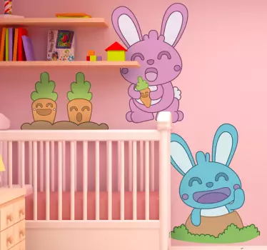 Vinilo pared infantil personajes de conejitos felices - TenVinilo