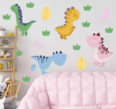 Vinilo pared infantil personajes de dinosaurios adorables - TenVinilo