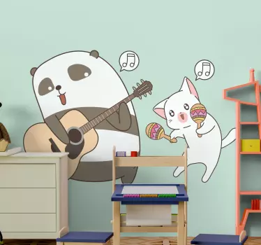 Vinilo pared infantil personajes panda musicales - TenVinilo