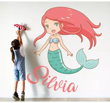 Vinilo pared infantil personalización de sirena - TenVinilo