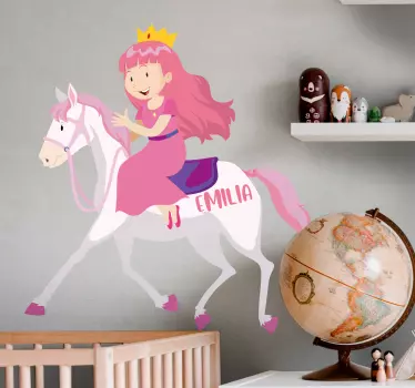 Vinilo pared infantil princesa montando unicornio con nombre - TenVinilo