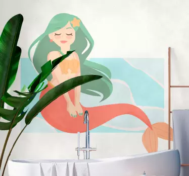 Vinilo pared infantil sirena con cabello fluido - TenVinilo