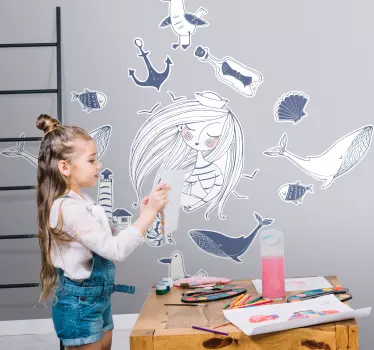 Vinilo infantil sirena y criaturas marinas - TenVinilo