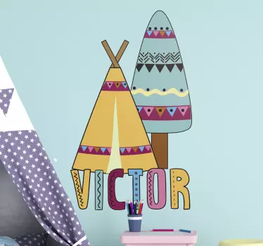 Vinilo pared infantil tipi y árbol vibrante - TenVinilo