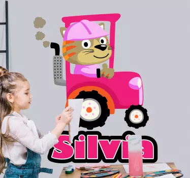 Vinilo pared infantil tractor de gato lindo - TenVinilo