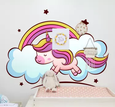 Vinilo pared infantil unicornio con arcoiris colorido - TenVinilo