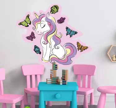 Vinilo pared infantil unicornio con mariposas - TenVinilo