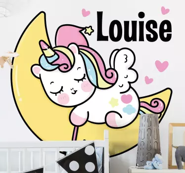 Vinilo pared infantil unicornio en la luna descansando - TenVinilo