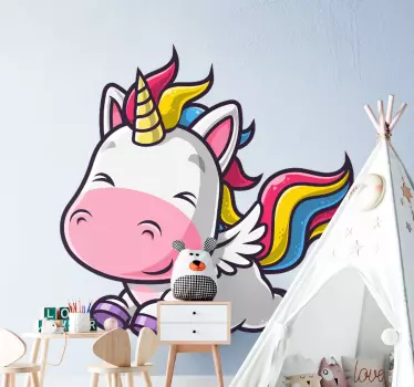 Vinilo pared infantil unicornio volador feliz - TenVinilo
