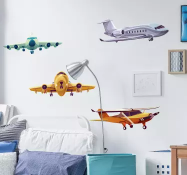 Vinilo pared para niños grupo de aviones coloridos - TenVinilo