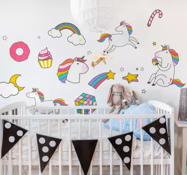 Vinilos pared infantiles set de unicornios y arcoiris - TenVinilo