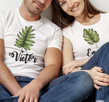 Camiseta de parejas de hojas con nombre - TenVinilo