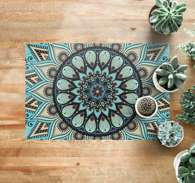 Alfombra vinílica mandala étnica negro y azul - TenVinilo