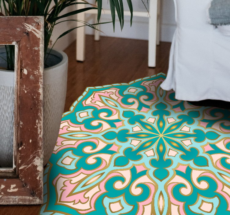 Alfombra vinílica mandala Turquesa y rosa - TenVinilo