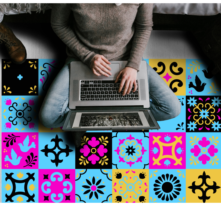 Alfombra vinilo cocina Azulejos de flores de colores - TenVinilo