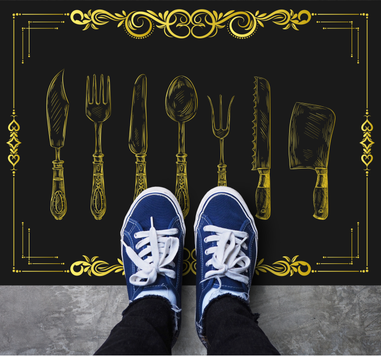 Alfombra vinílica cocina contorno utensilios de cocina - TenVinilo