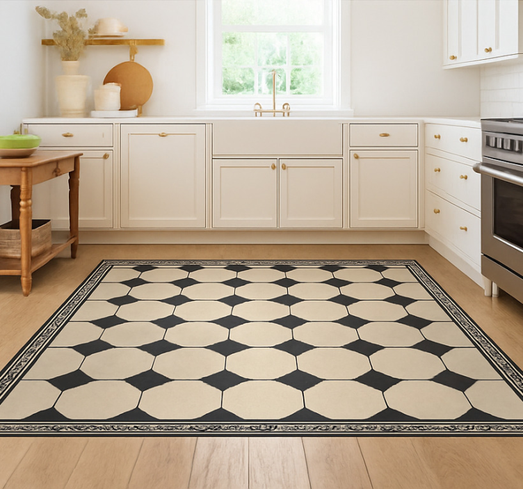 Alfombra vinílica cocina cuadros beige diamante - TenVinilo