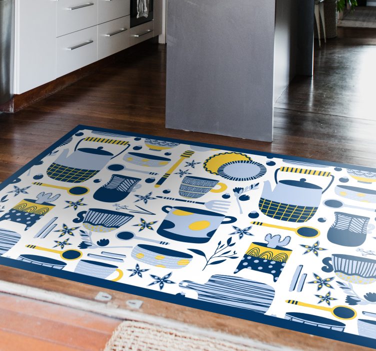 Alfombra vinílica cocina patrón azul utensilios - TenVinilo