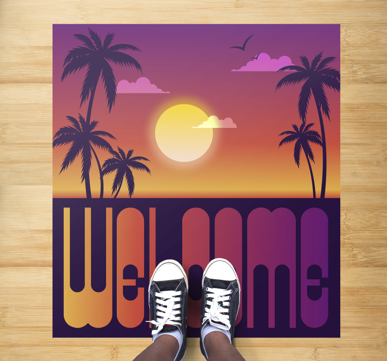 Alfombra vinílica con frase bienvenida al atardecer tropical - TenVinilo
