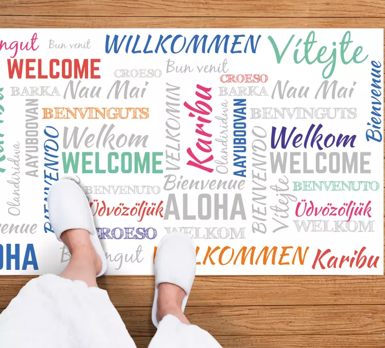 Alfombra vinílica con frase bienvenido aloha karibu - TenVinilo