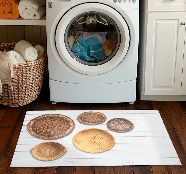 Alfombra vinílica gris cestas de mimbre textura de madera - TenVinilo