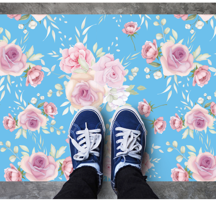 Alfombra vinílica flores rosas sobre fondo azul - TenVinilo