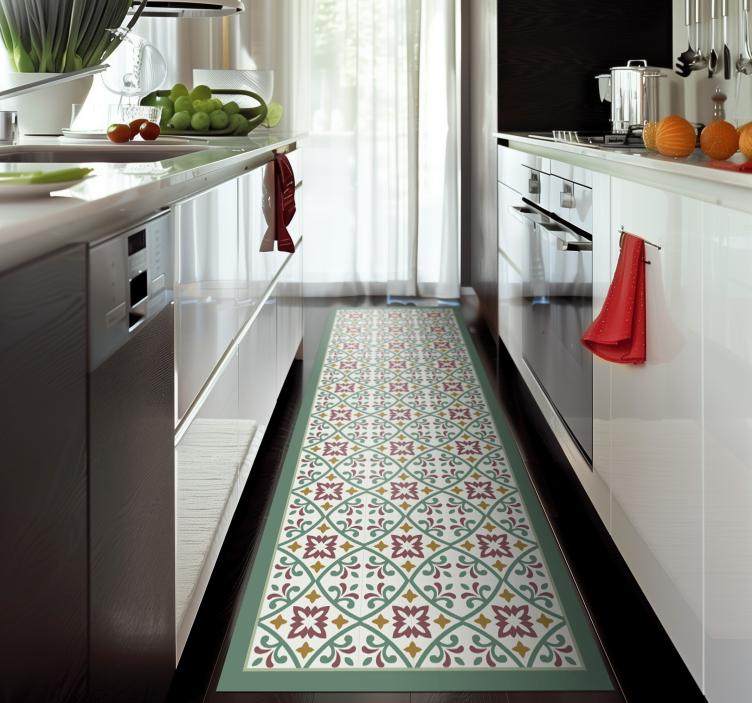Alfombra vinílica cocina elegante mosaico floral - TenVinilo