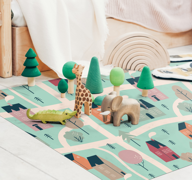 Alfombra vinílica infantil los niños juegan en el pueblo - TenVinilo