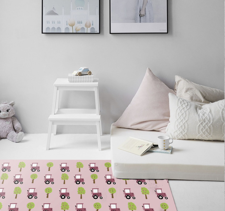 Alfombra vinílica infantil patrón de camiones juguetones - TenVinilo