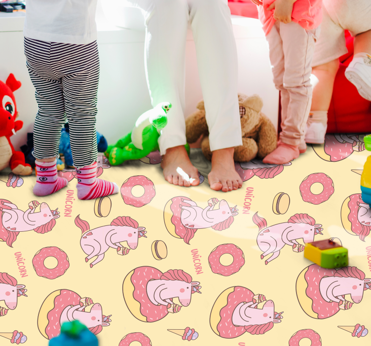 Alfombra vinílica infantil patrón de donut unicornio - TenVinilo