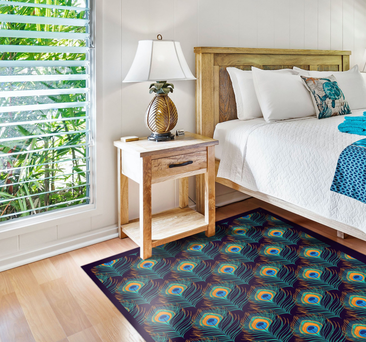 Alfombra vinílica dormitorio motivo de plumas de pavo real - TenVinilo