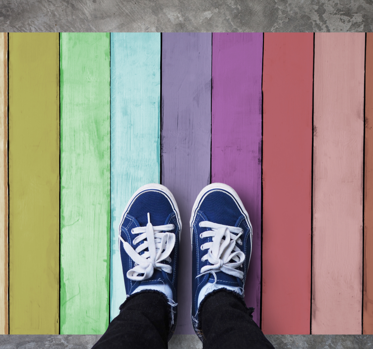Alfombra vinílica imitación madera líneas arcoíris vibrantes - TenVinilo