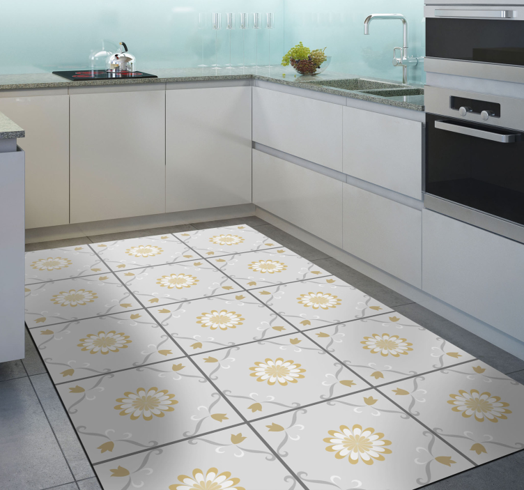 Alfombra vinílica cocina azulejos de flores - TenVinilo
