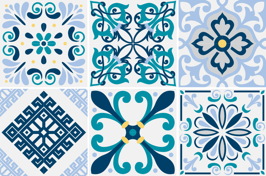 Alfombra vinílica cocina azulejos de flores azules - TenVinilo