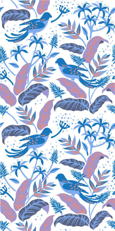 Alfombra vinílica flores aves rosas y azules sobre hojas - TenVinilo