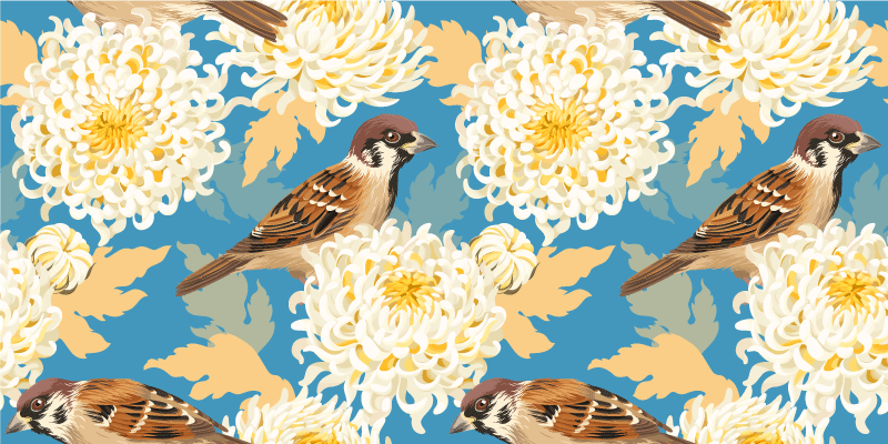 Alfombra vinílica flores aquarella pájaros y hojas - TenVinilo