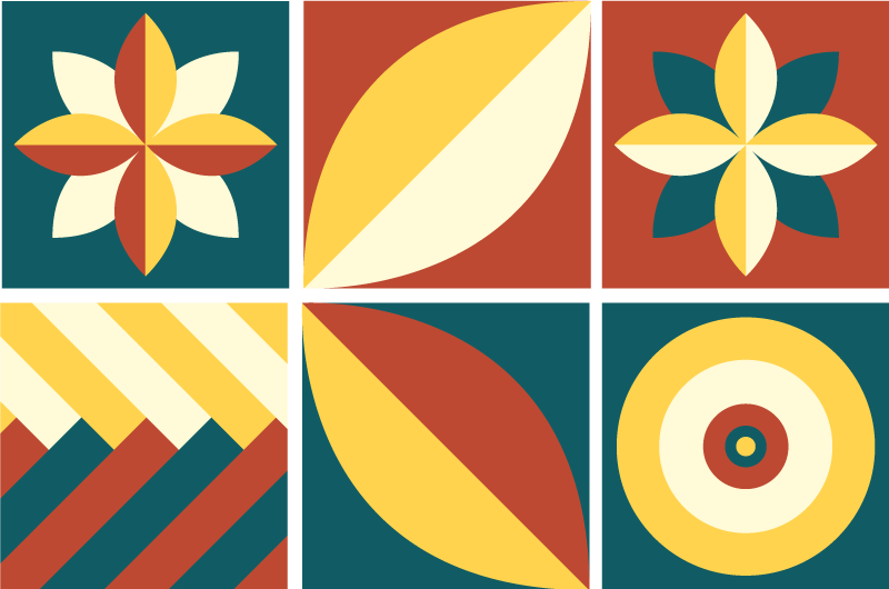 Alfombra vinílica geométrica de patrón verde y naranja - TenVinilo